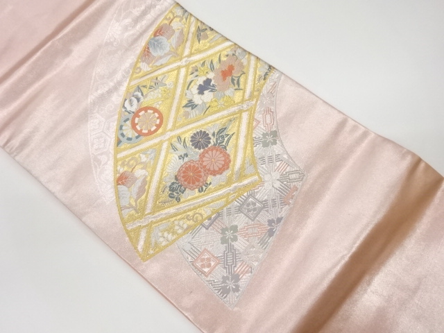 リサイクル　地紙に花々模様織出し名古屋帯